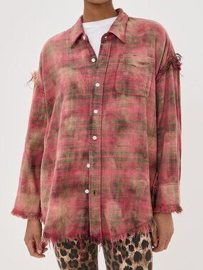 R13 NWOT Shredded Seam Drop Neck Shirt Bleached Out Red Plaid S